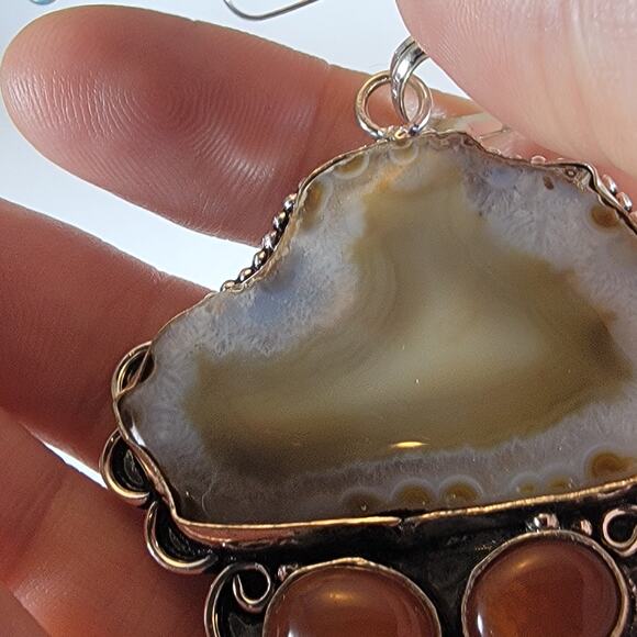Agate Slice Pendant Necklace – With Carnelian & Pearl + 20" Sterling Chain - Picture 4 of 10